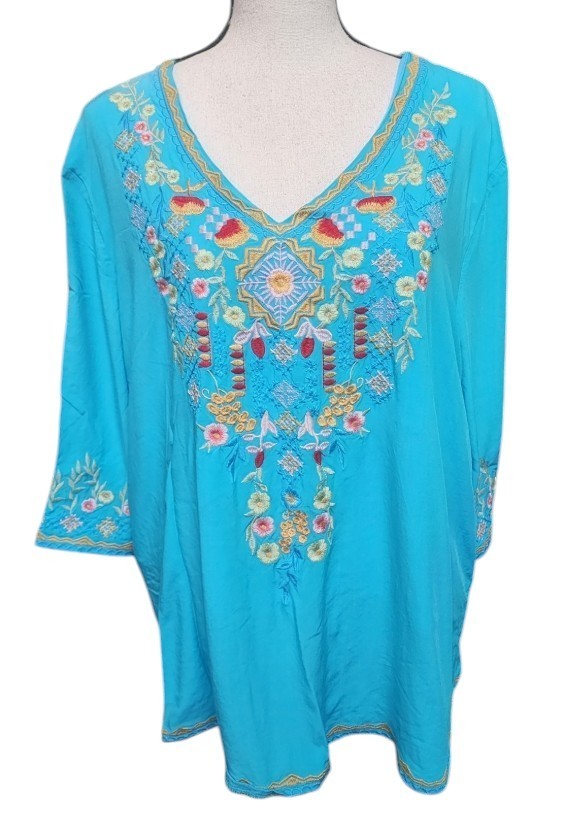 Embroidered Blue Boho Hippie Blouse Flowy Pullover Size XL