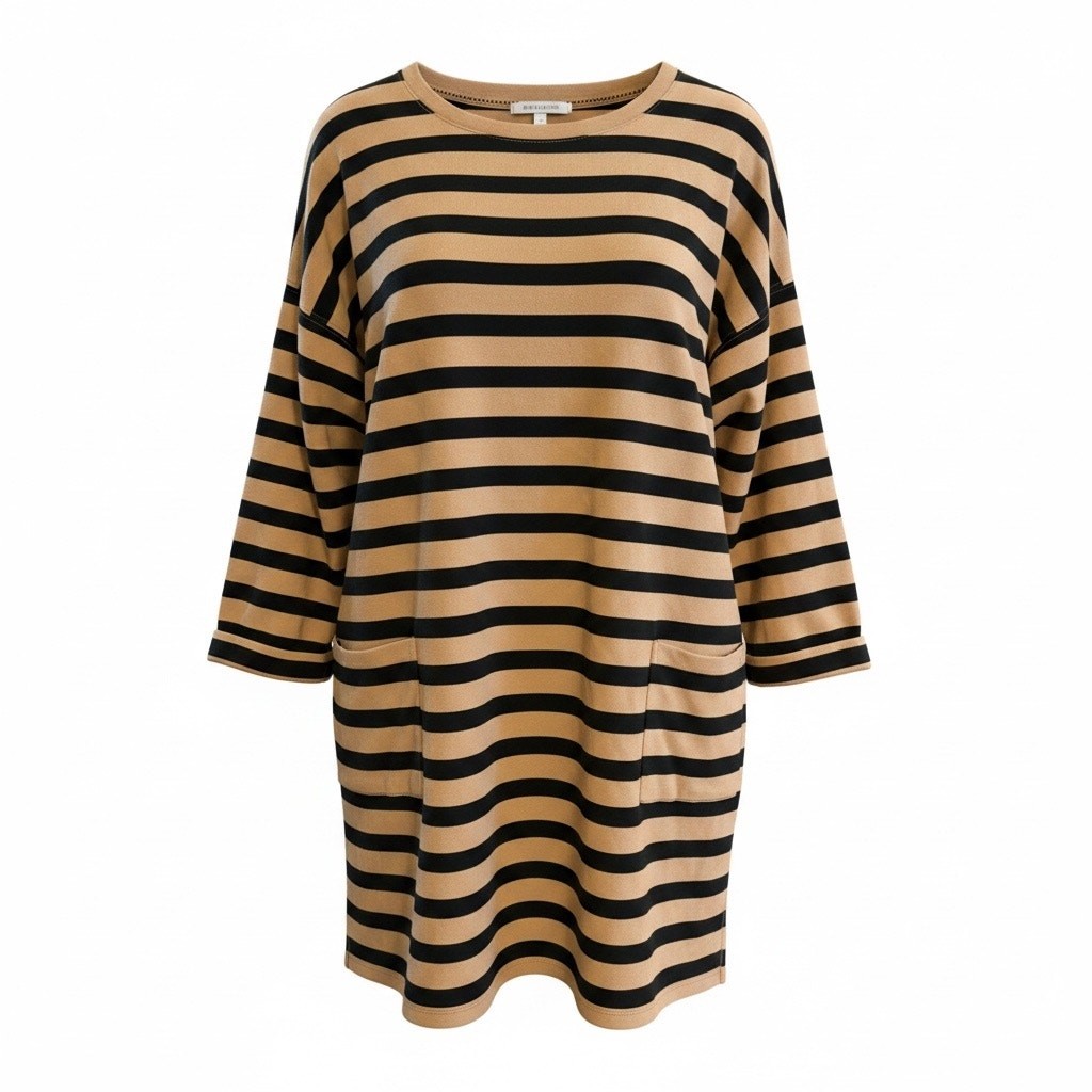 FatFace Tan Black Striped Tunic Dress Pockets Cotton Size US 10