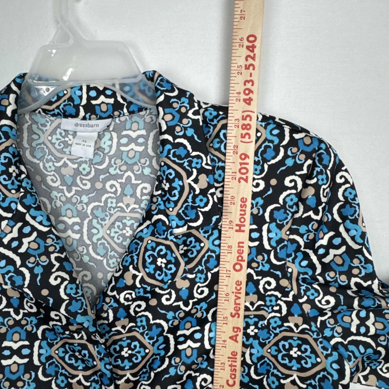 Dressbarn Blue Black Tan Blazer Women’s XL medallion boho Moroccan tile print