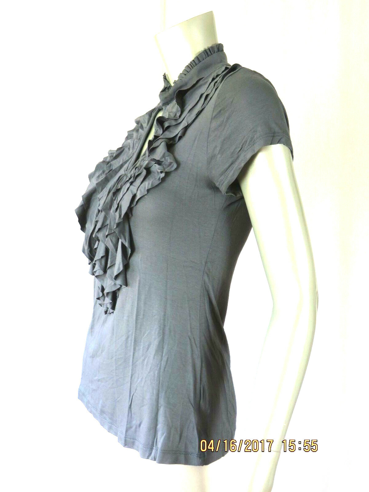 TWENTY ONE SZ S Viscose/Spandex Charcoal Gray Ruffle Shirt High Neck Blouse Top