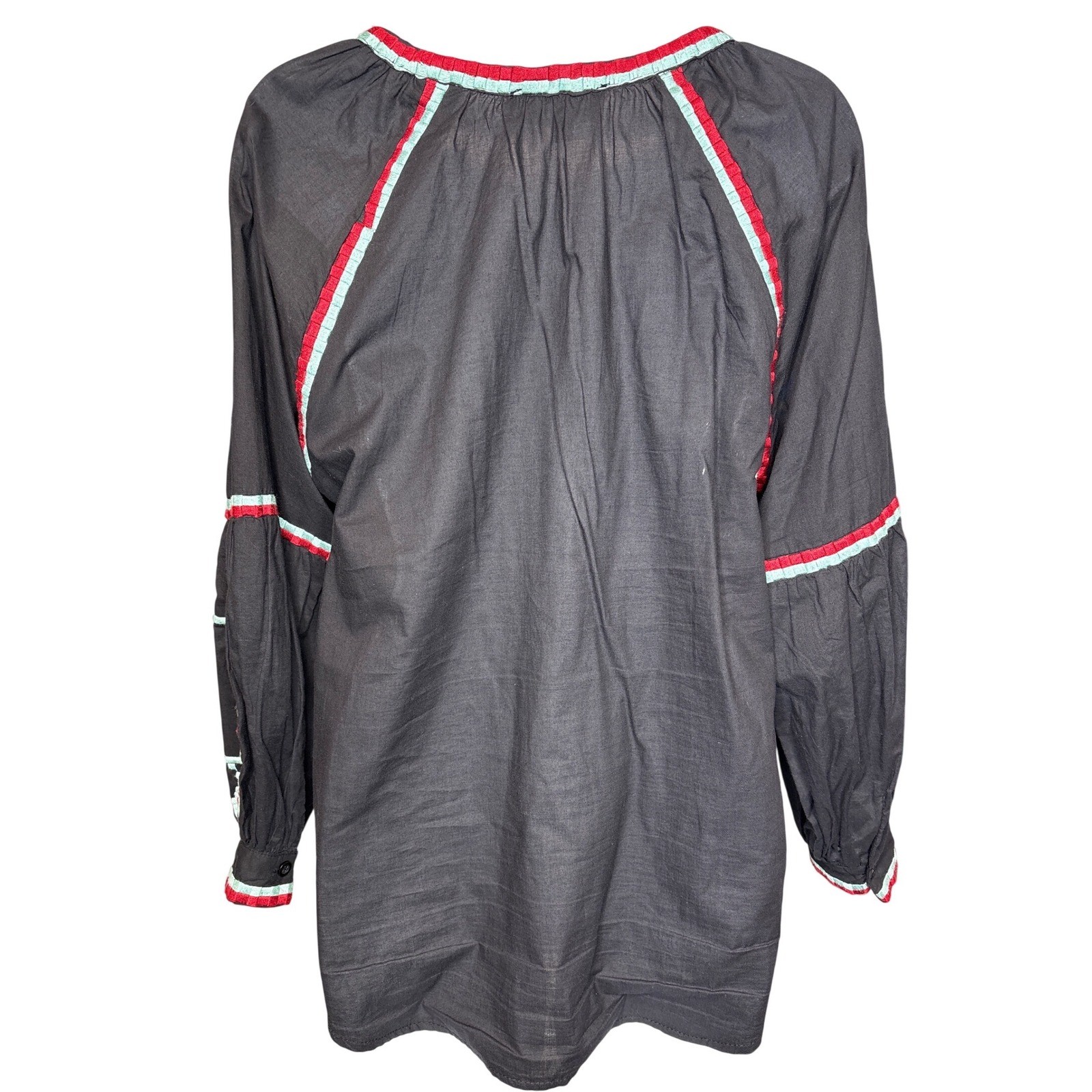 RD + Koko Womens Black Embroidered Boho Peasant Blouse Sz L Balloon Sleeve Artsy