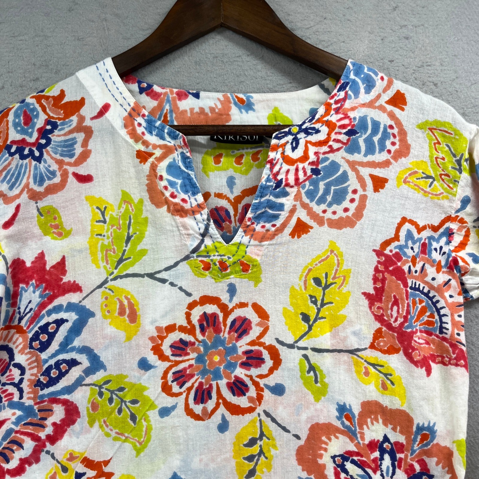 KikiSol Tunic Top Womens M White Multicolor Floral Beachy Boho Resort Kurta