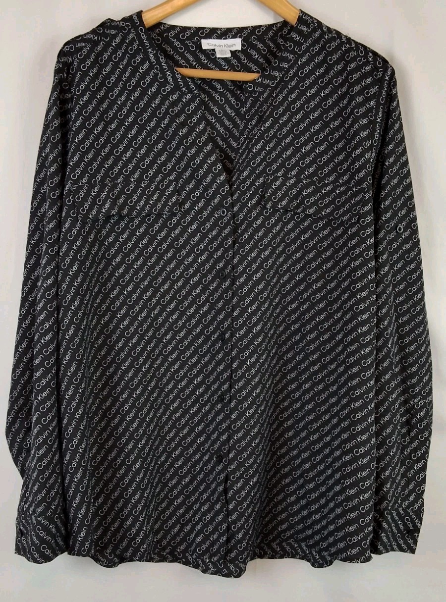 Calvin Klein Women’s Logo Blouse V-Neck Button Down Stand Collar Size-XL NEW