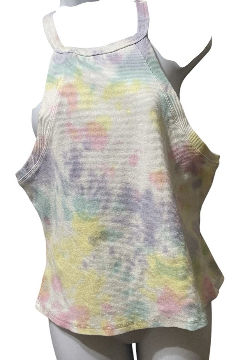 Chelsea & Violet Rainbow Tie-Dye Washed Ribbed Halter White Tank Top sz XXL NWT