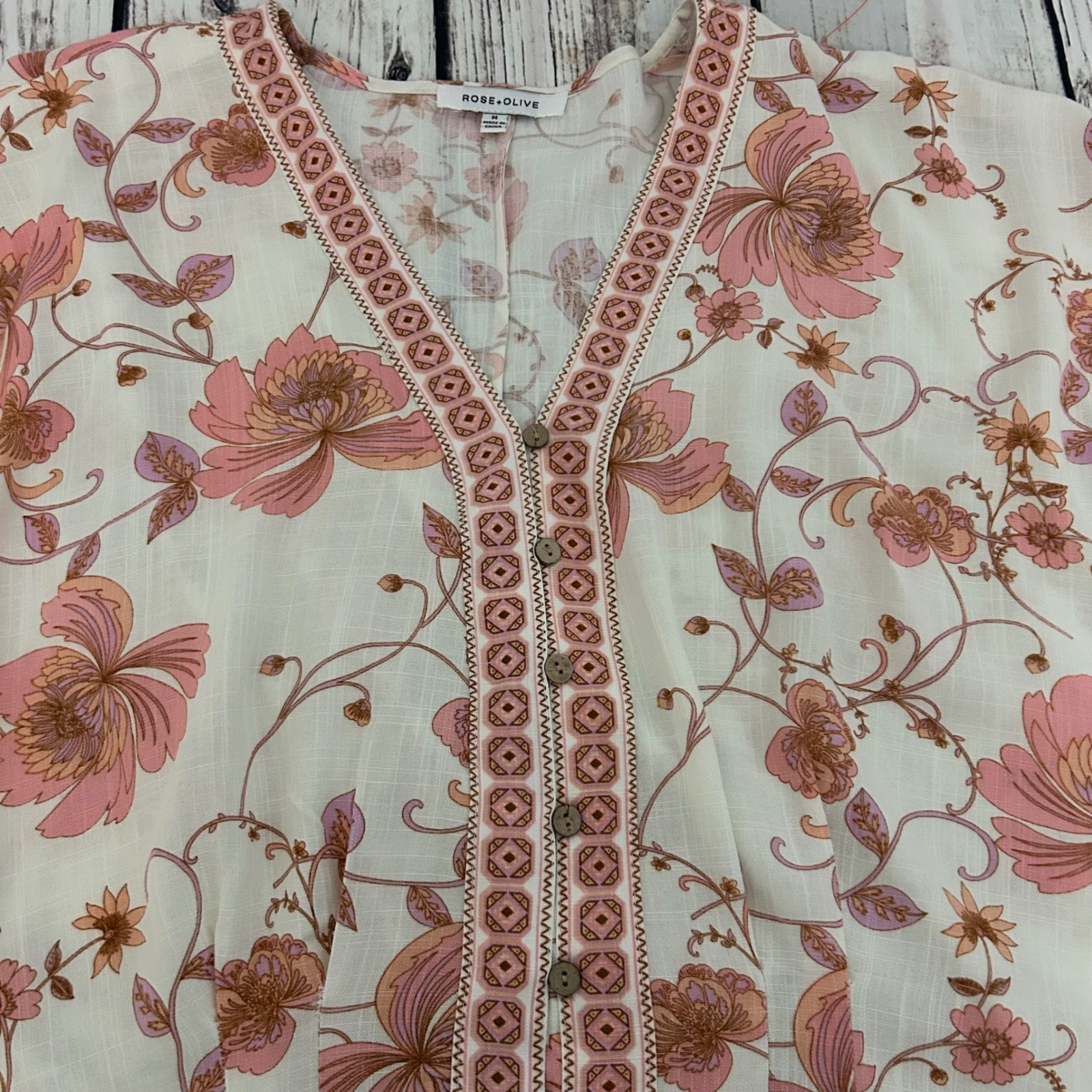Rose + Olive Pink Floral Boho V-Neck Dolman Sleeve Cottagecore Top Womens M Crop