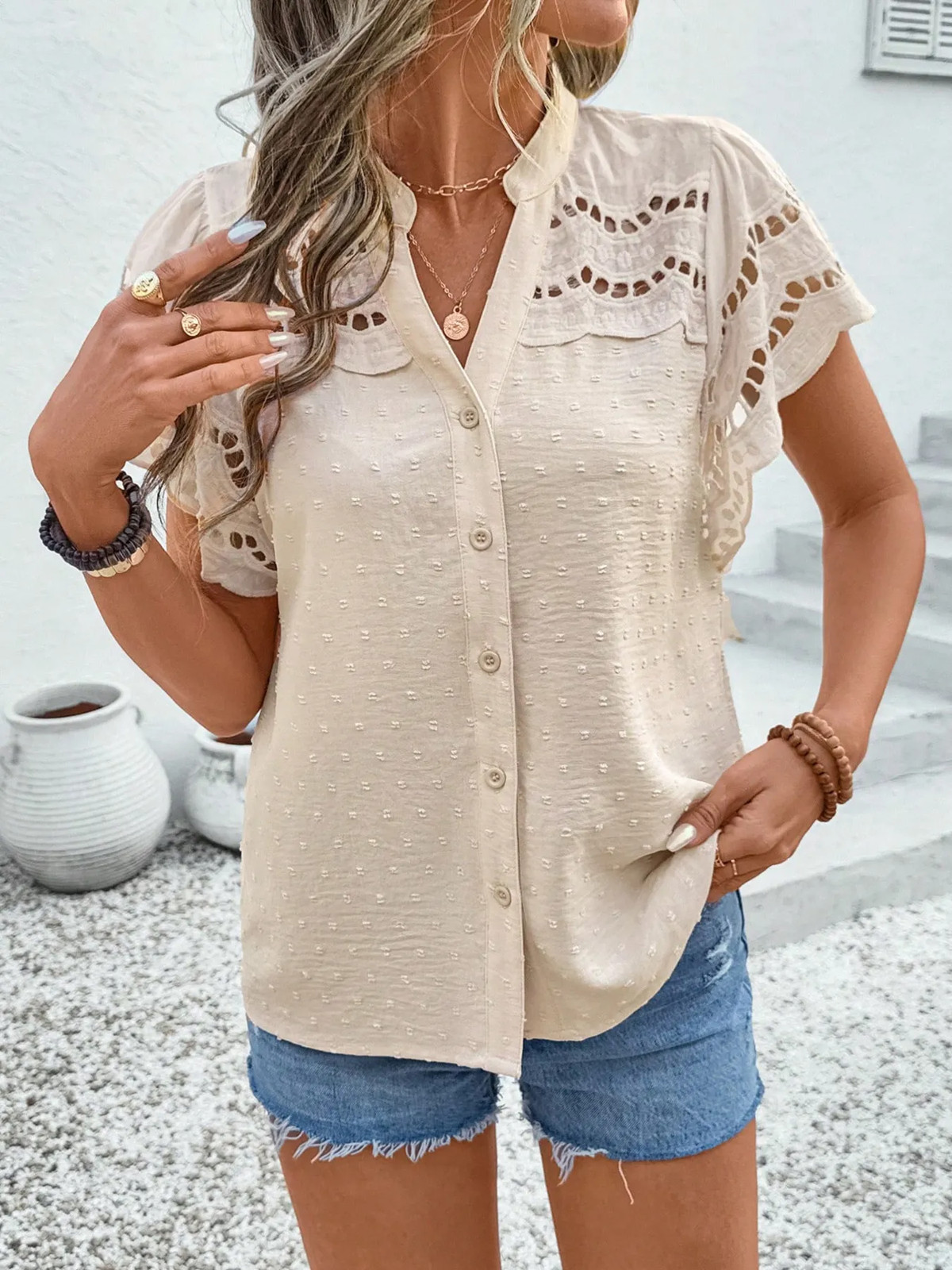 Women Swiss Dot Cutout Button Down Shirt