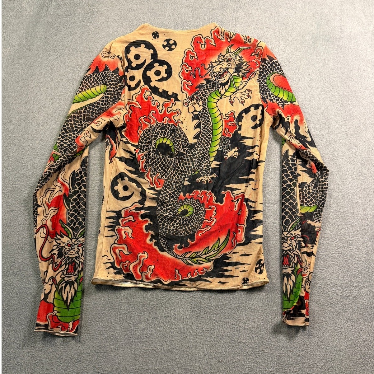 Vintage Y2K Dragon Tattoo Mesh Top Sheer Long Sleeve Nude Tan Graphic Shirt