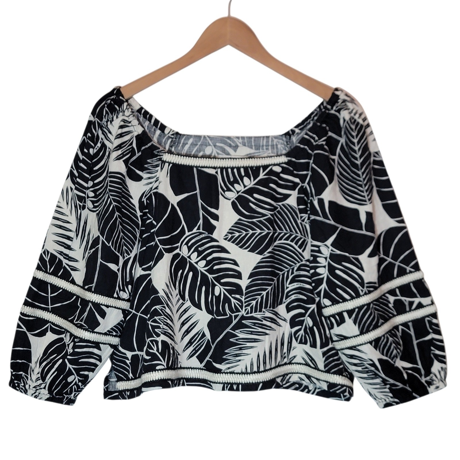 Cynthia Rowley Tropical Palm Print Black White Linen Blend 3/4 Sleeve Top S