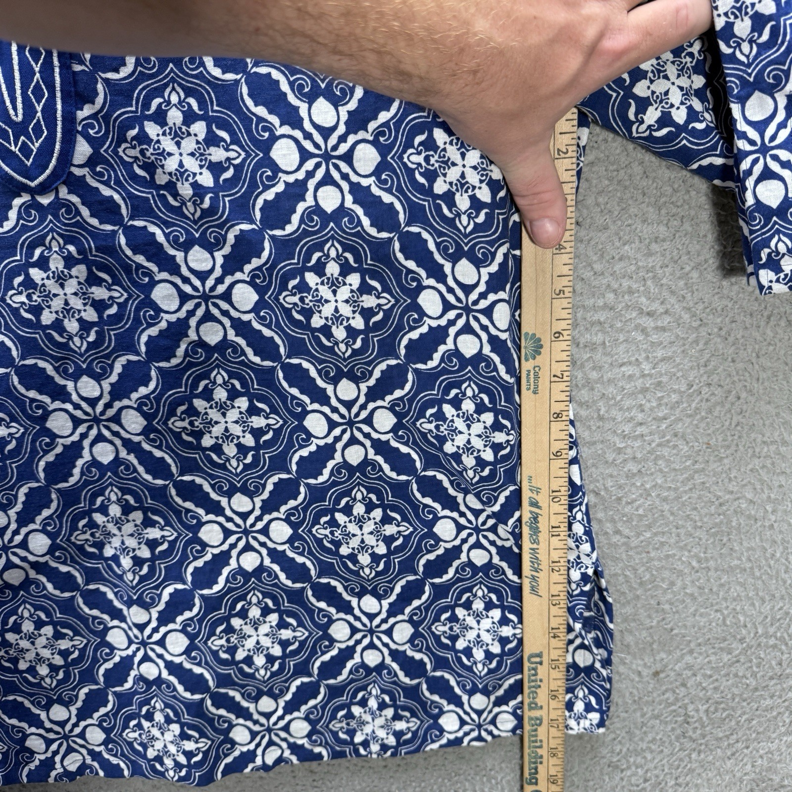 Tweeds Shirt Womens 1X Blue White Geometric Embroidered Linen Blend Coastal