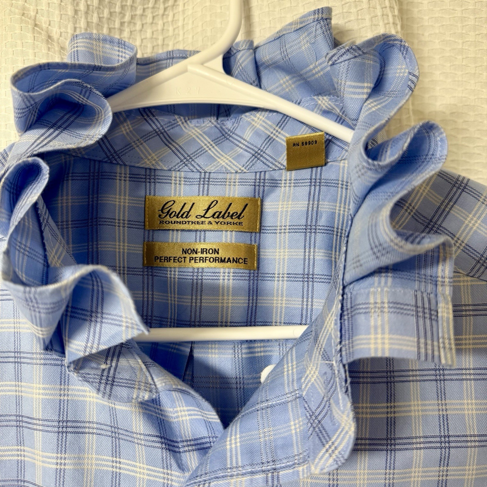 Roundtree & Yorke Men’s Dress Shirt Upcycled Into Women’s Blouse W/ Ruffle XLT