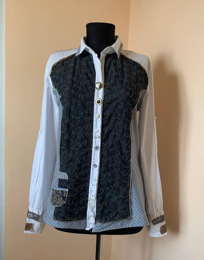 Elisa Cavaletti Blue Designer Shirt Blouse Embroidered Denim Patchwork L