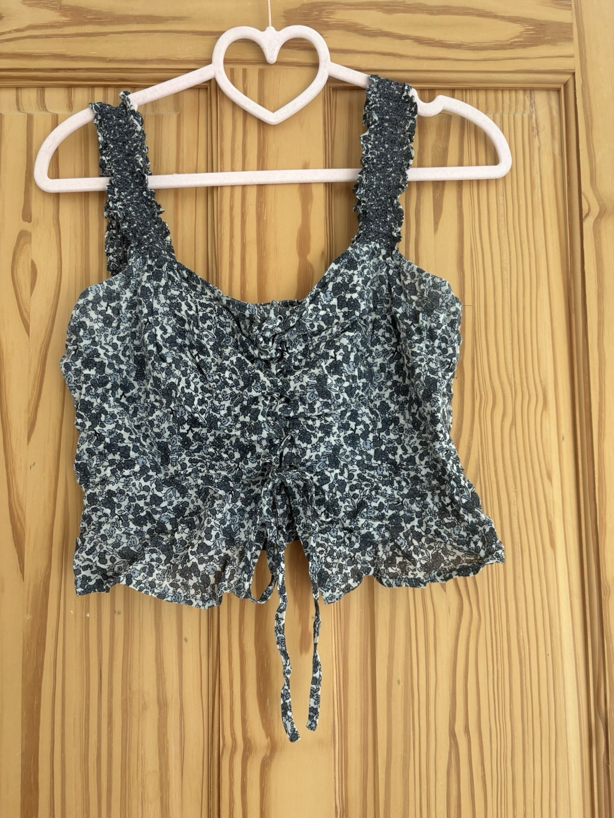 Urban Outfitters Floral Smocked Drawstring Crop Tank Square Neck Black/White S