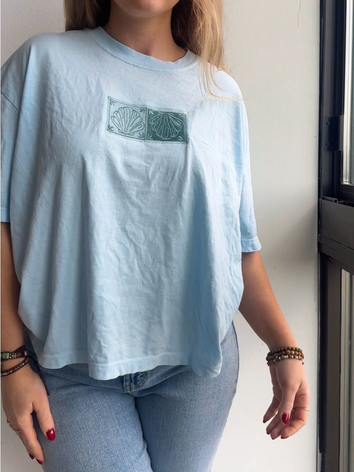 NWT 100% Cotton Light Blue Shell Graphic Crewneck Boxy T-Shirt