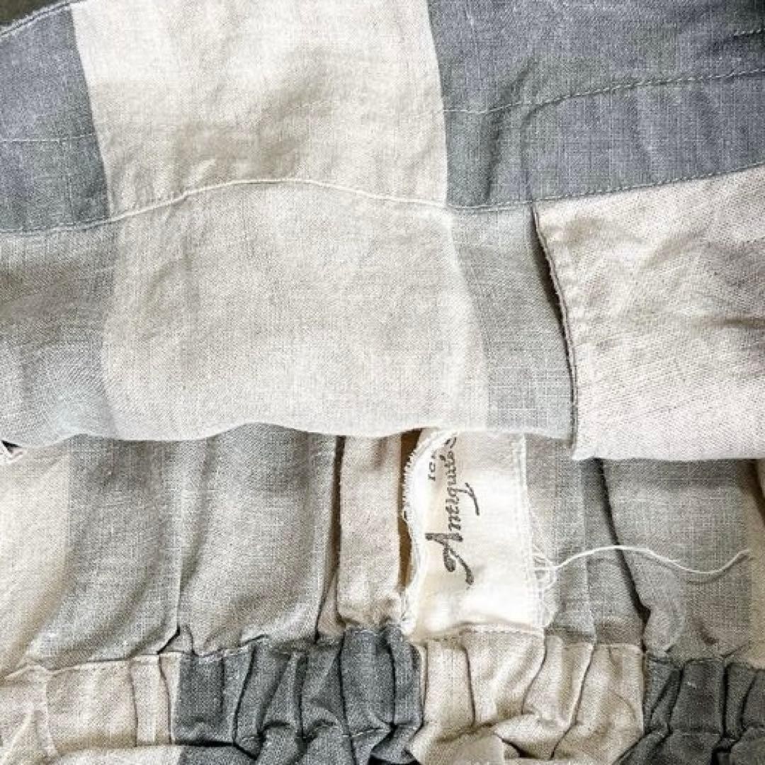 Ichi Antiquites Linen Knee-Length Skirt Beige Gray Stripe Elastic Waist