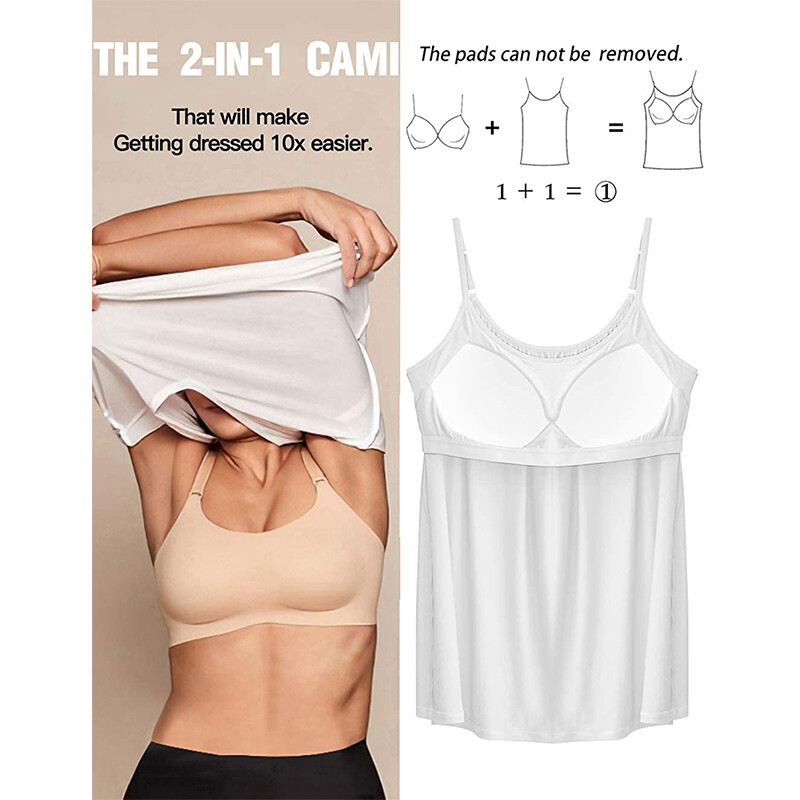 Women with Built in Bra Cami Shelf BraFlowy Tank Tops Padded Bra Loose Camisole