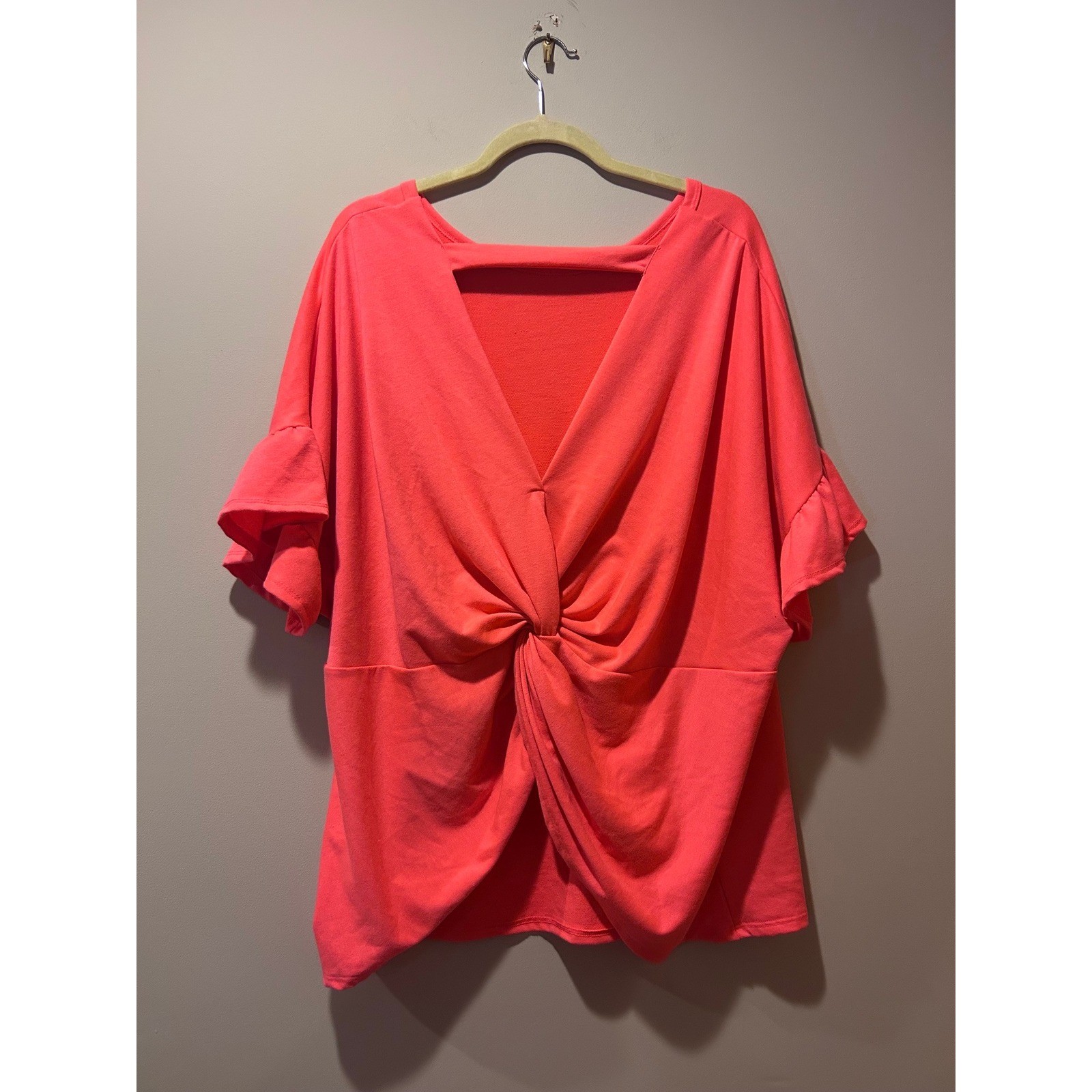 Women’s Plus Size 3x Knot Twist Flutter Short Sleeve Bright Coral Flirty Top