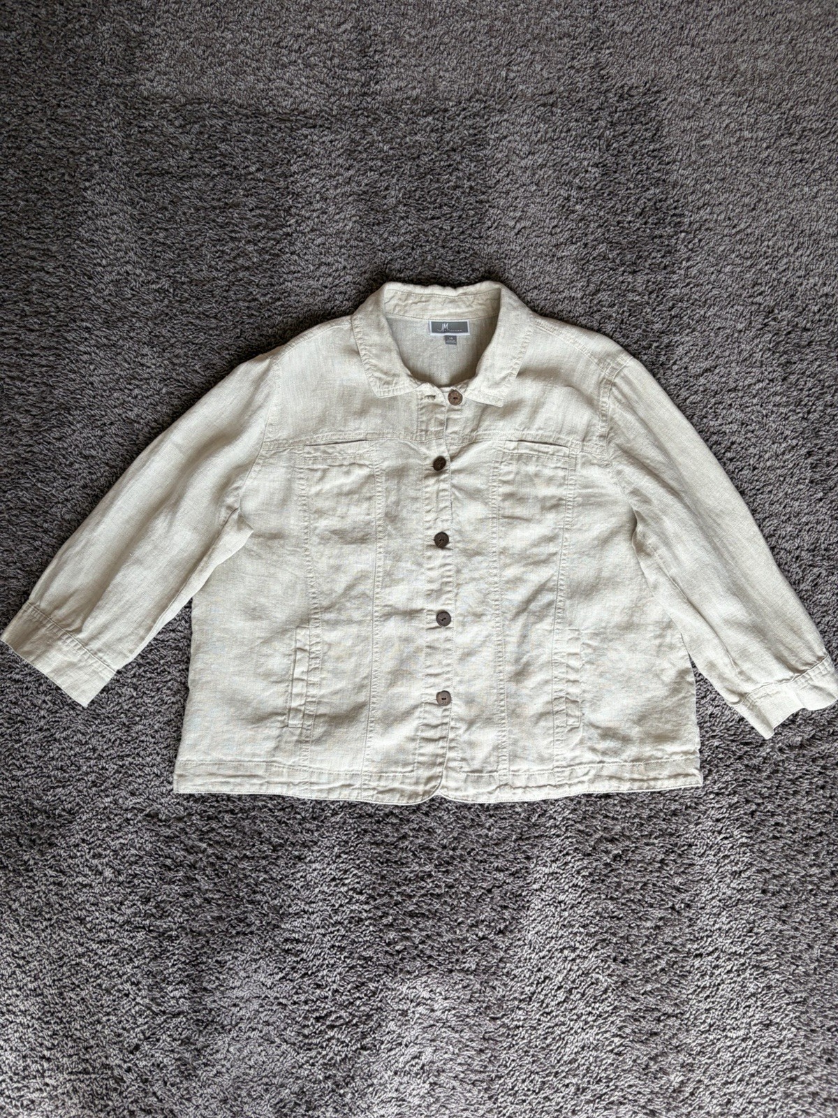 Women’s JM Collection Cream 100% Linen 3/4 Sleeve Button Up Top, Size 14