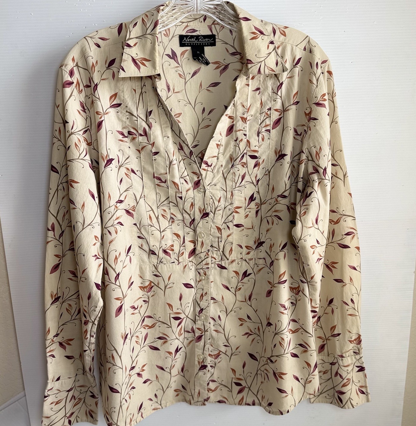 North River Outfitters Fall Leaf Vine Top Women Size XL Pink tuck Blouse Relaxed