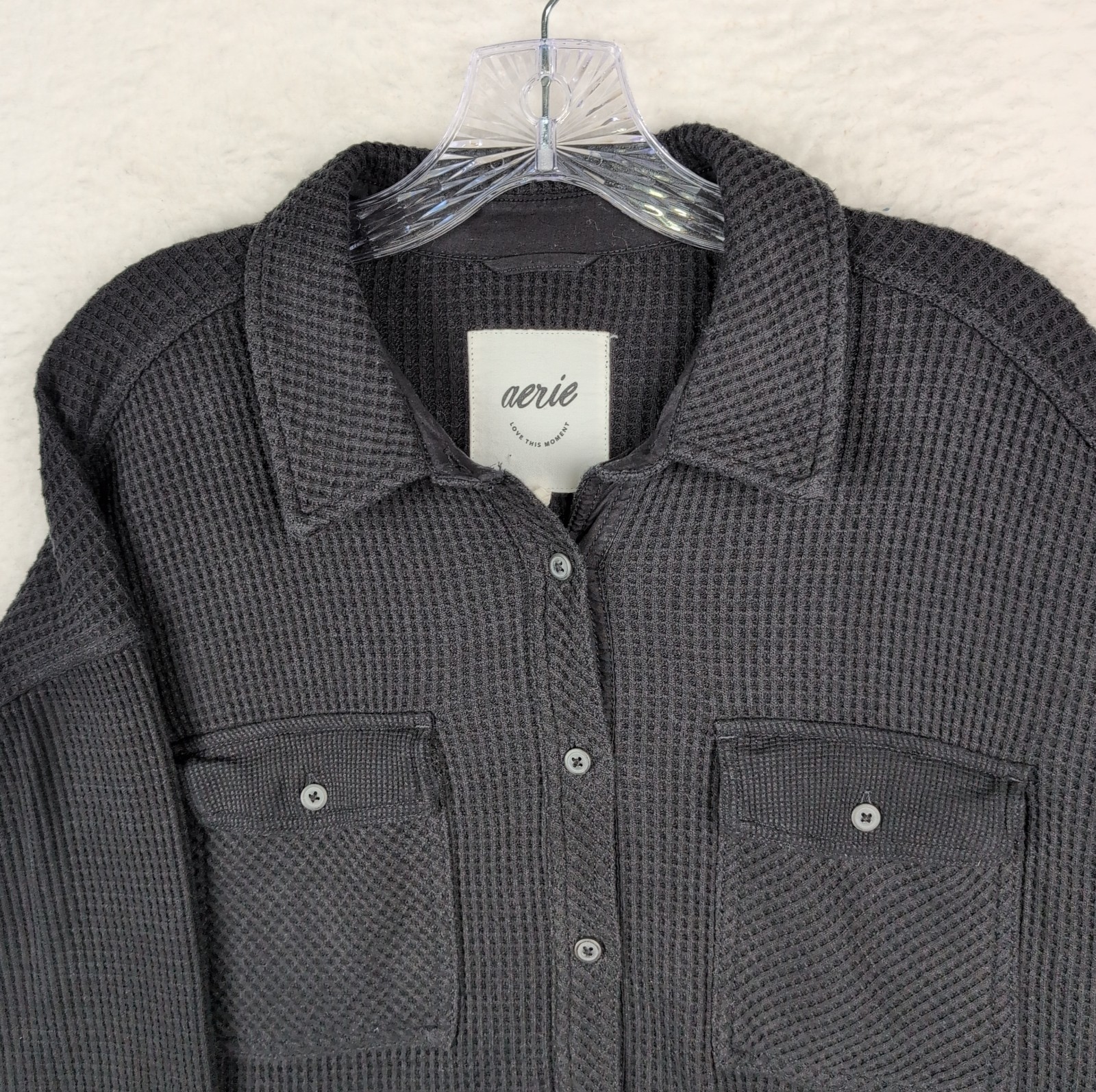 Aerie LumberJane Waffle Shirt Sz Medium Shacket Oversized Button Up Black