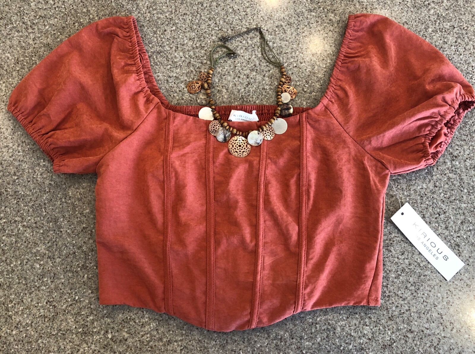 KIRIOUS L.A. New! Burnt Orange Crop Top Short Puff Sleeves Smocked Back NWT Sz S