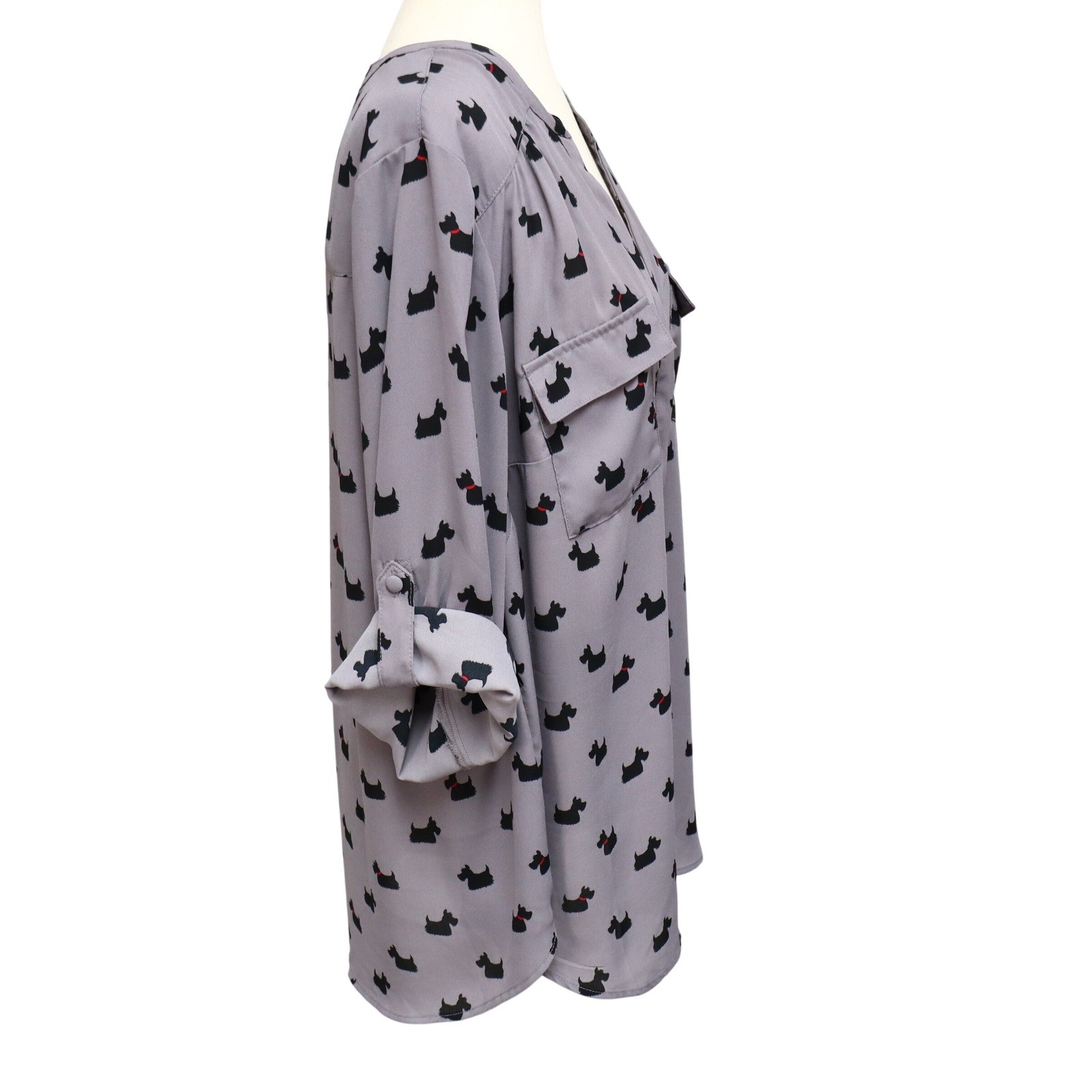 Torrid Scottie Dog Georgette Harper Blouse 2 Gray Roll Tab Sleeve Pocket Terrier