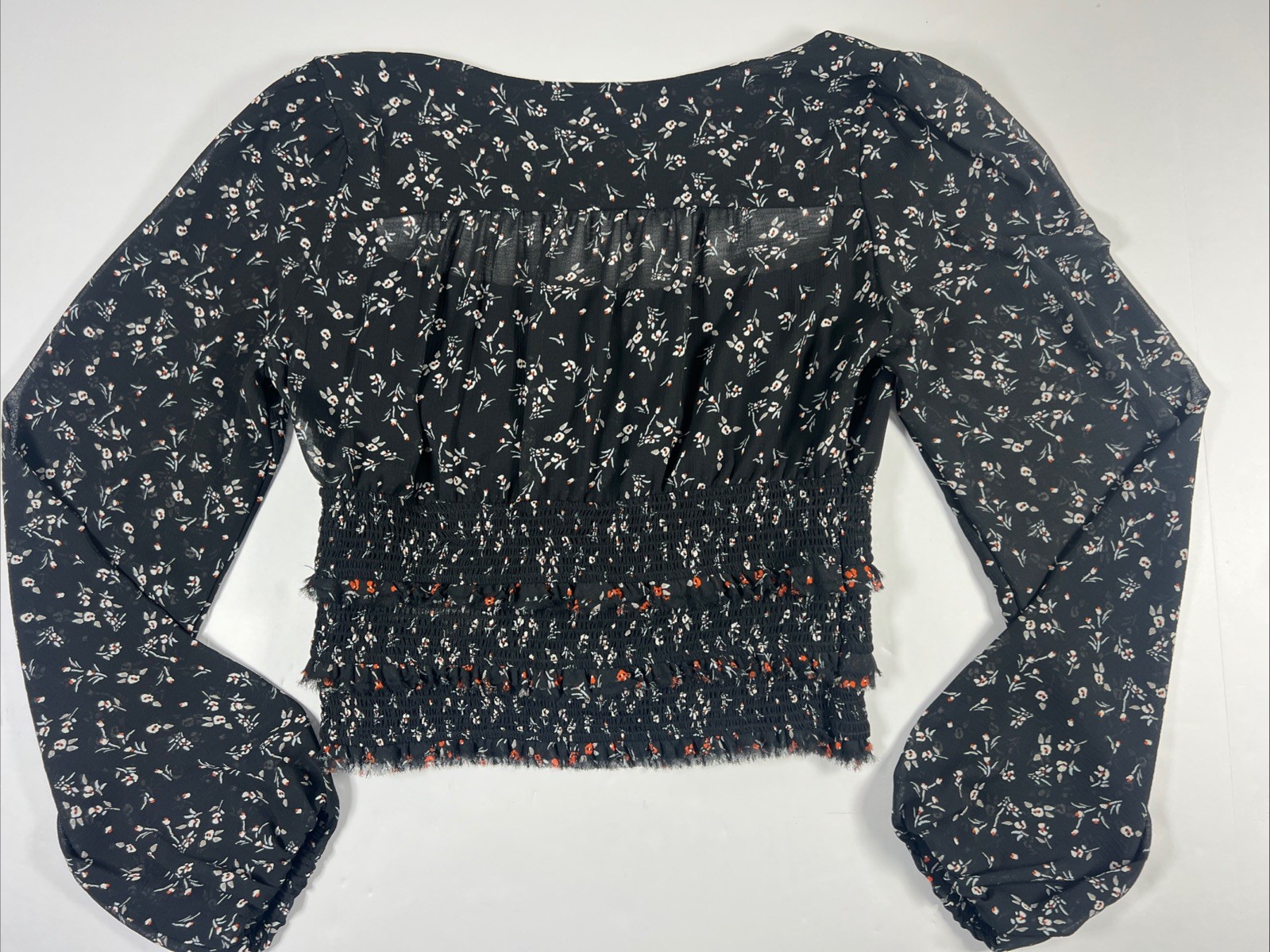 Free People Floral Print Top Light & Sheer Square Neck Raw Edges Black Small