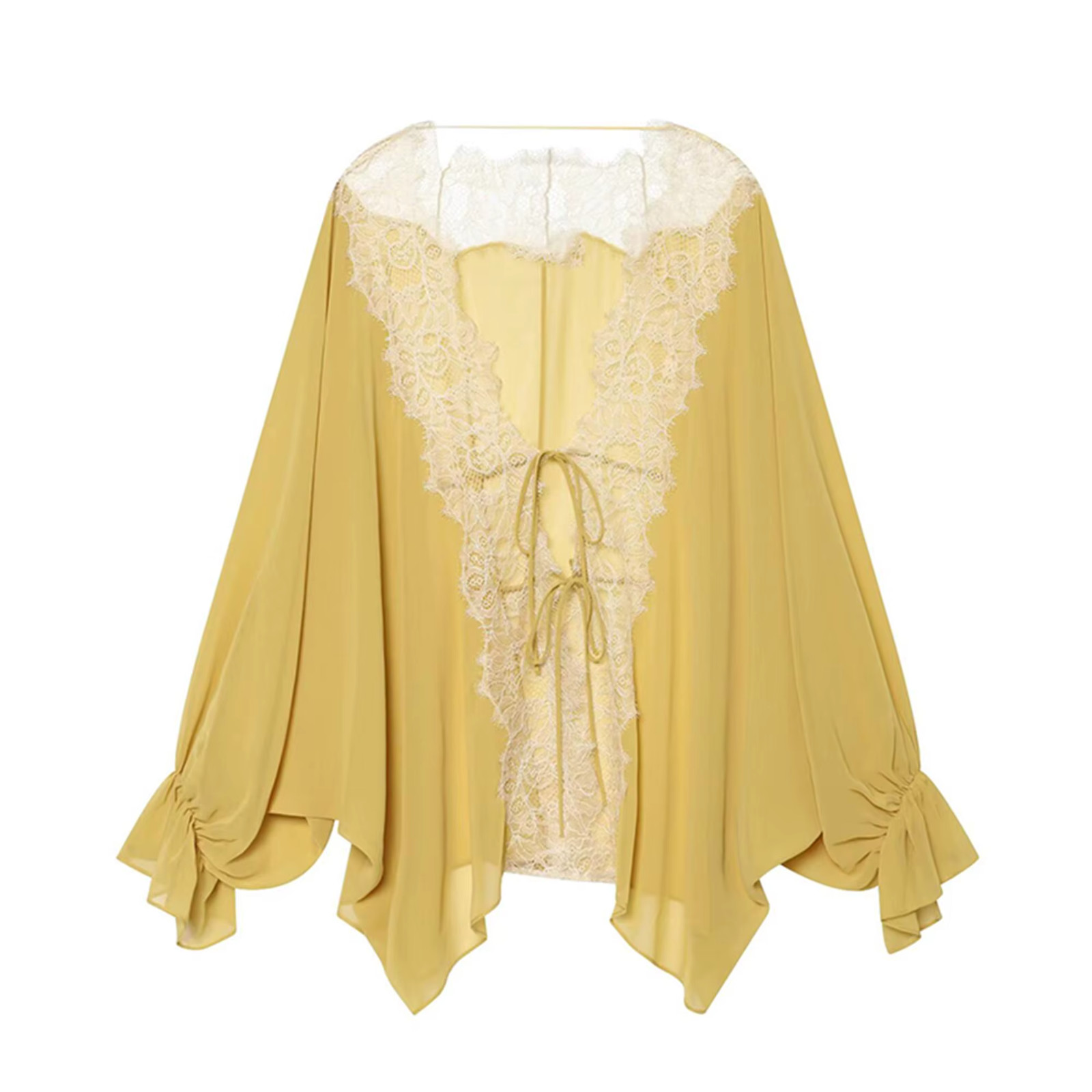 Women Lace Patchwork Sheer Blouse Tie Front Lantern Sleeve Boho Top Plus Size