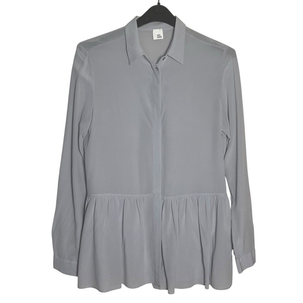Iris&Ink Gray Long Sleeve Silk Blouse with Notched Collar