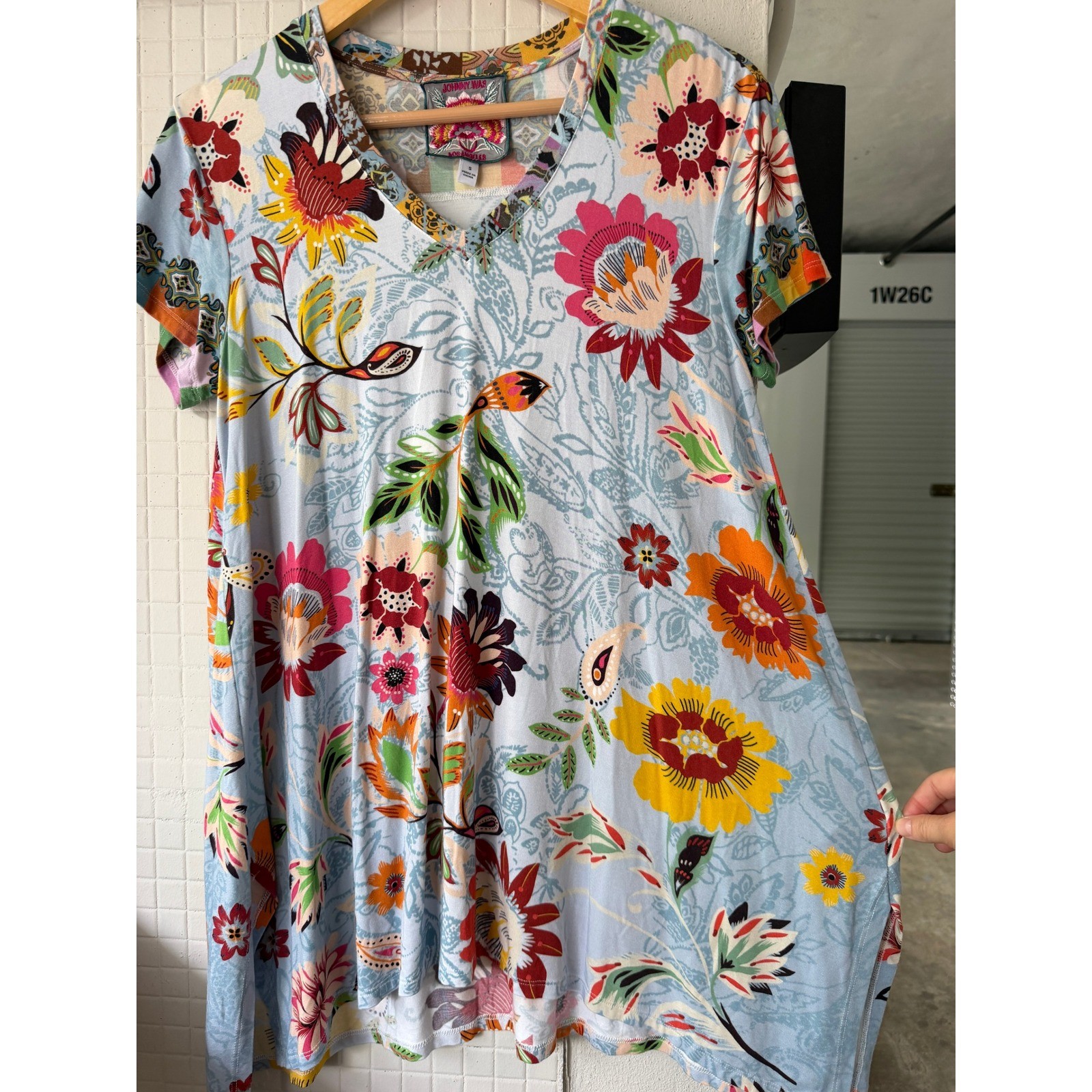 Johnny Was Rainbow Floral Drape Tunic Bamboo Blend V-Neck Top Size S