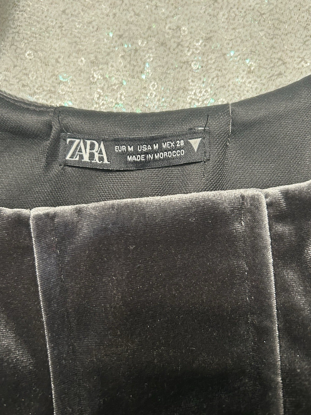 ZARA Black Velvet Ruched Zip Corset Style Square Neck Crop Top Size M