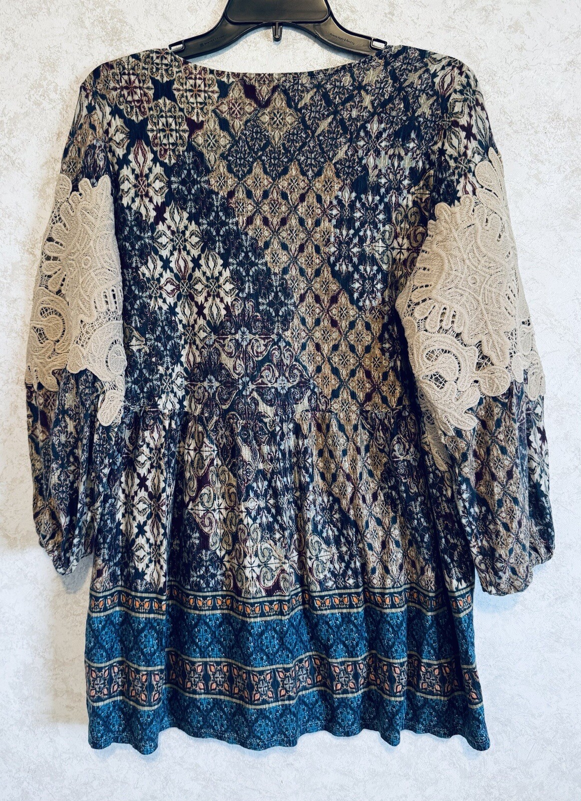 Vintage America Blues Missey Peasant Pull Over Blouse Size Large Tan Lace Panels