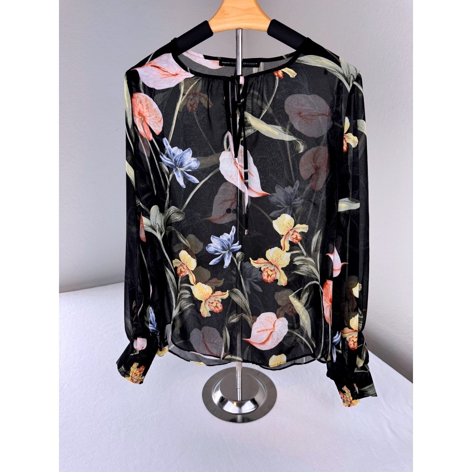 White House Black Market Sheer Floral Blouse Small Black Long Sleeve