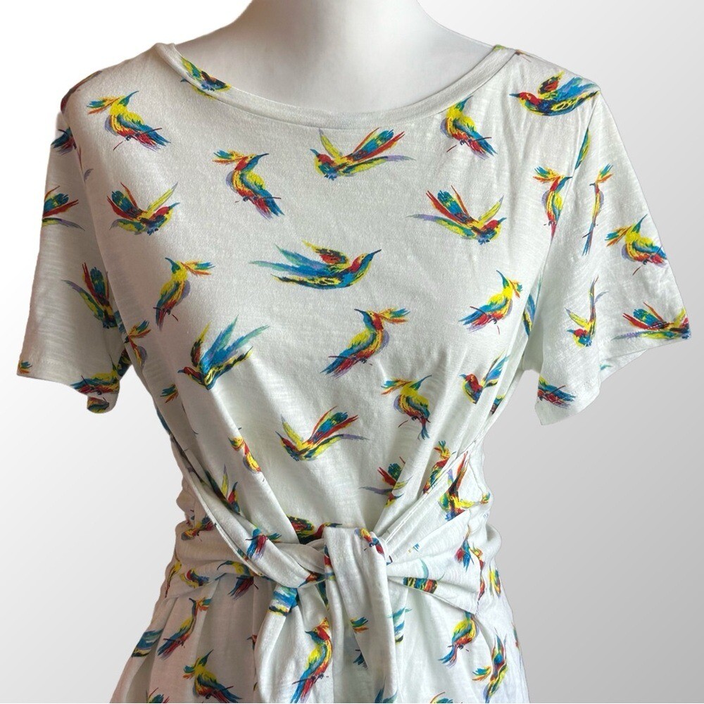 Meadow Rue Anthropologie NWT Hummingbird Tie Front Top Women Large White Multi