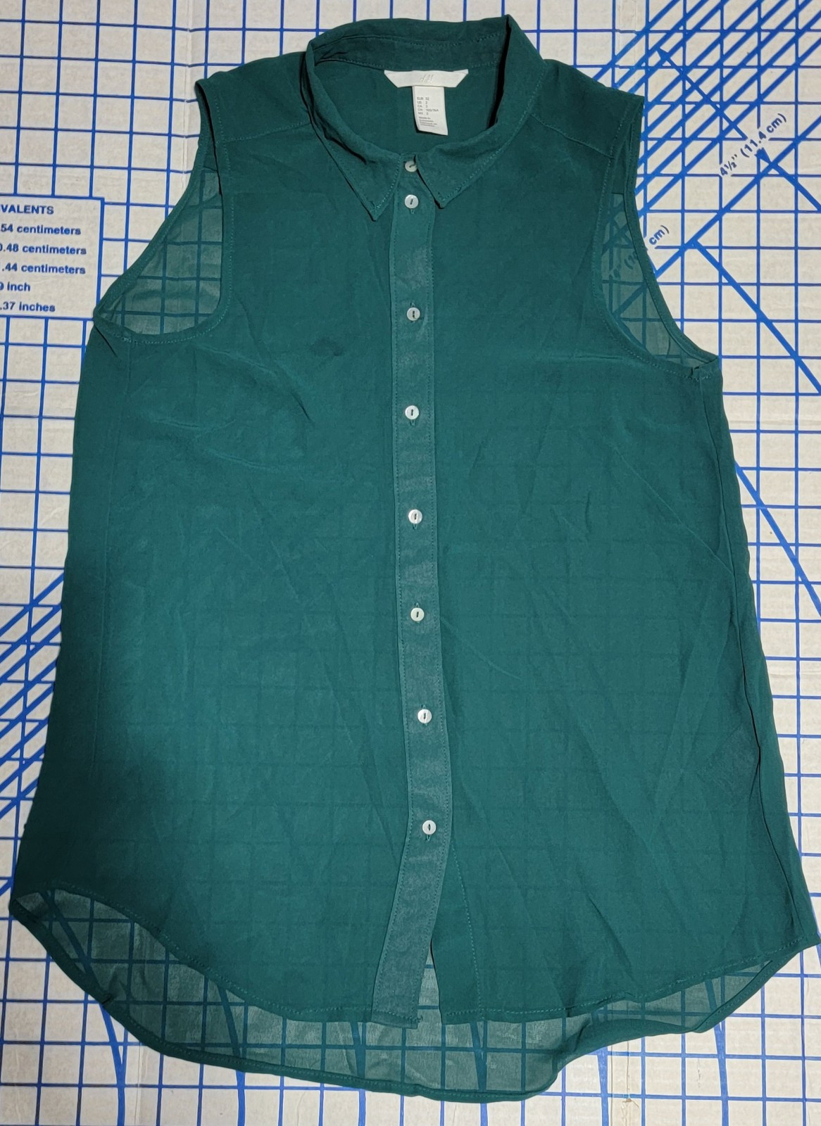 H&M Womens Button Front Shirt Green Sleeveless Spread Collared Sheer Size 2