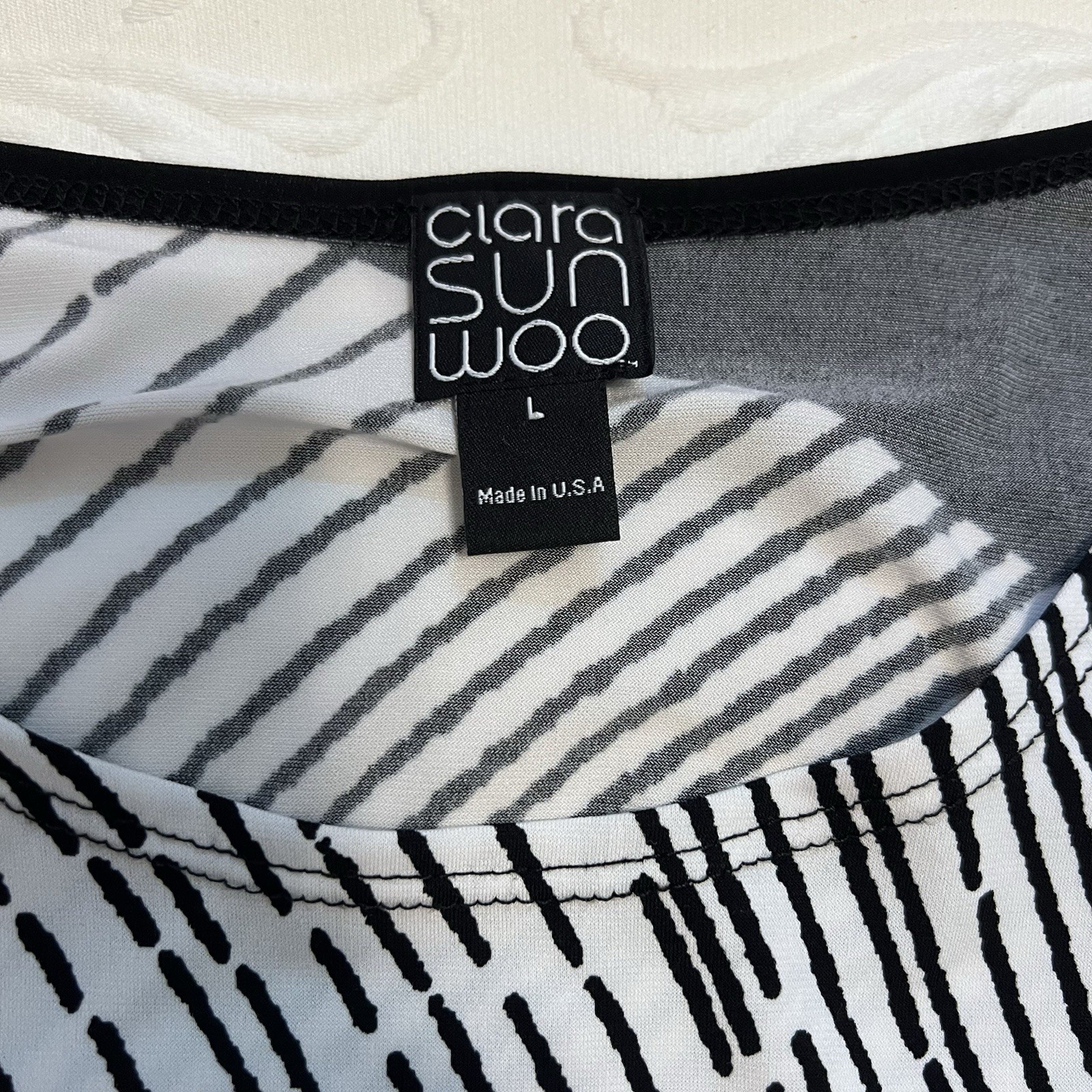 Clara Sun Woo Women’s L Black/White Striped 3/4 Sleeve Scoop Neck Tunic