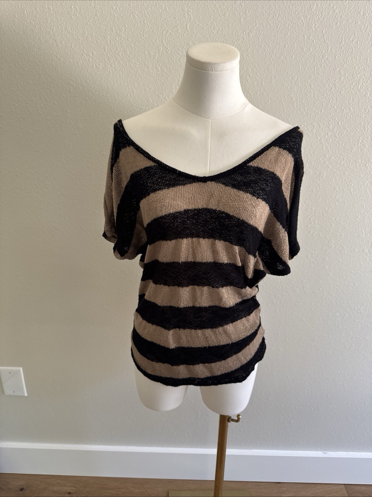 Vintage Y2K Crochet Knit Semi-Sheer Black Tan Stripe Top Size Xs/S Grunge Goth