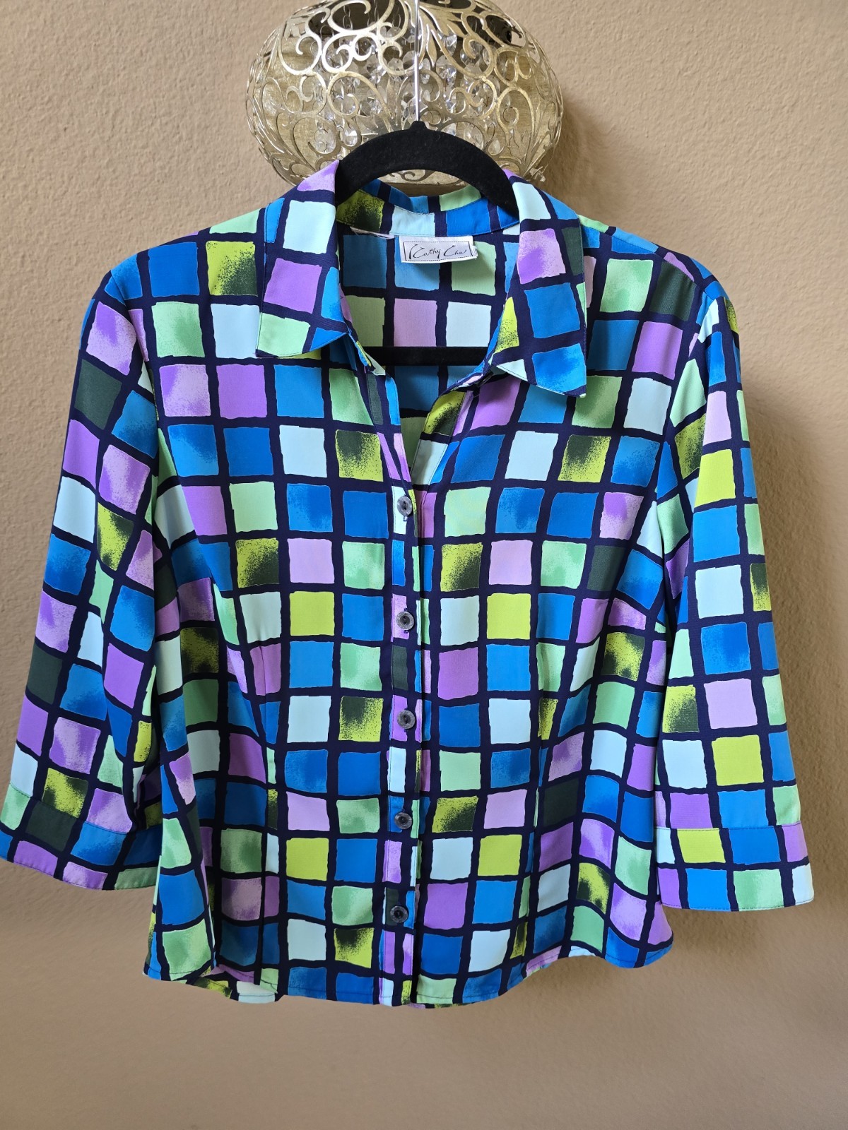 Cathy Che Button Down Blouse Shirt Stained Glass Pattern Vibrant Colors Size M