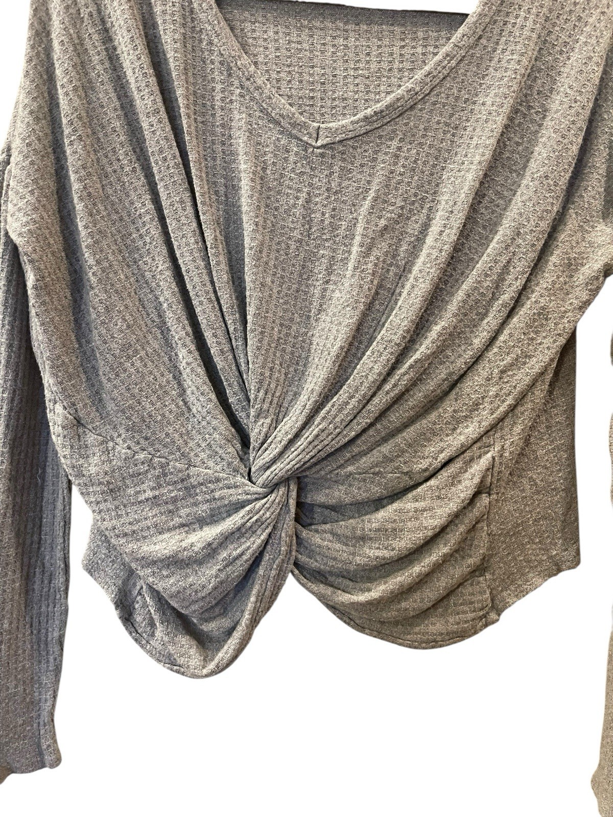 Sweet Claire Women’s Waffle Knit Gray Shirt Long Sleeve Twist Knot Size Small