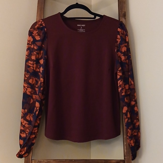 Nine West Women’s Small Burgundy Floral Round Neck Puff Long Sleeve Blouse Top