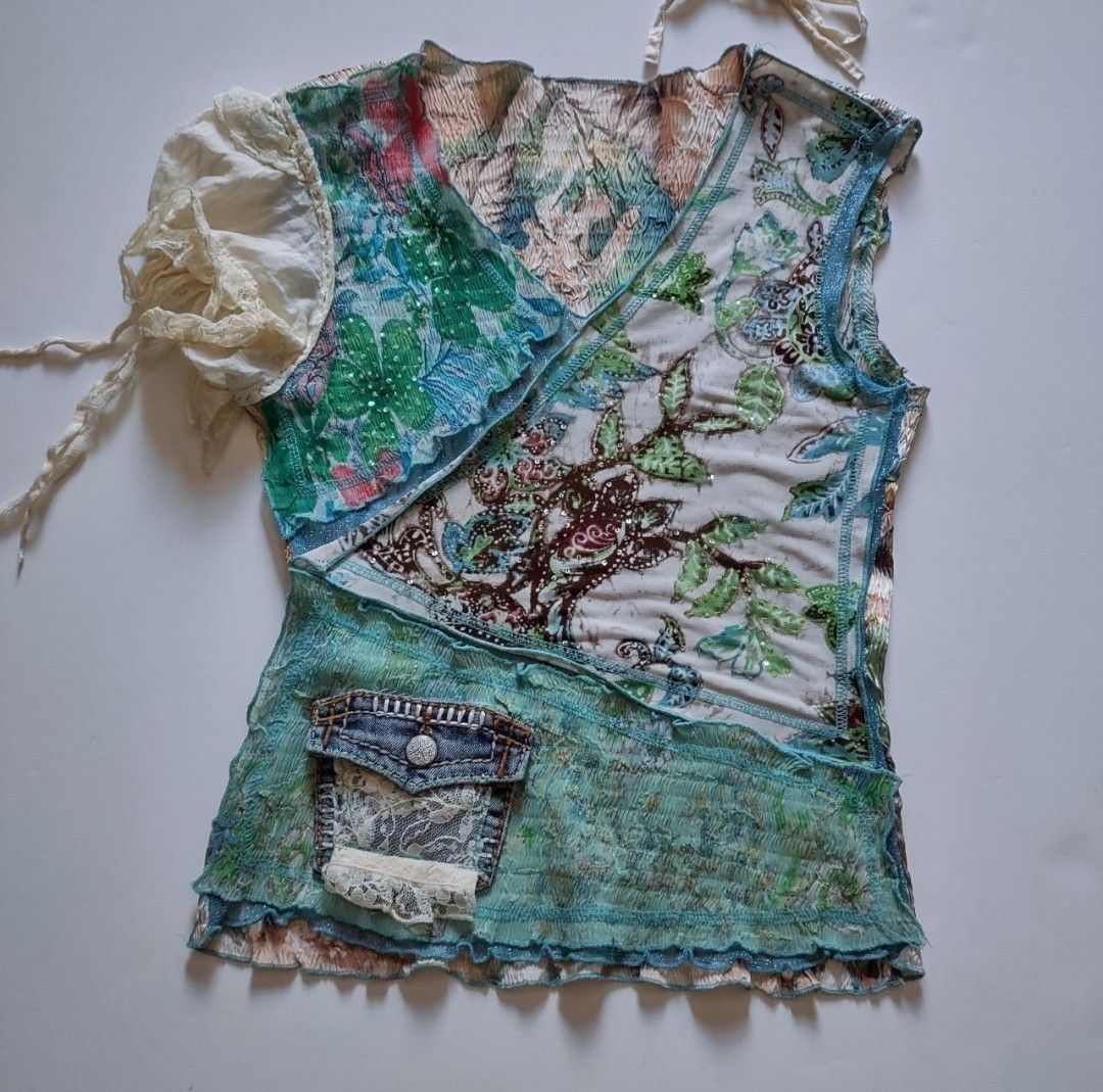 Vtg Upcycled Boho Cottagecore Fairy Sequin Floral Y2K Festival Coquette Top