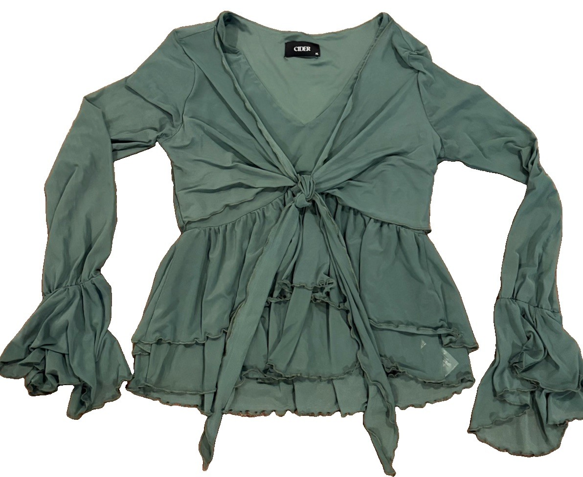 Cider XL Green Ruffle Puff Sleeve Tie Front Sheer Mesh Top Cottagecore Bow Y2K