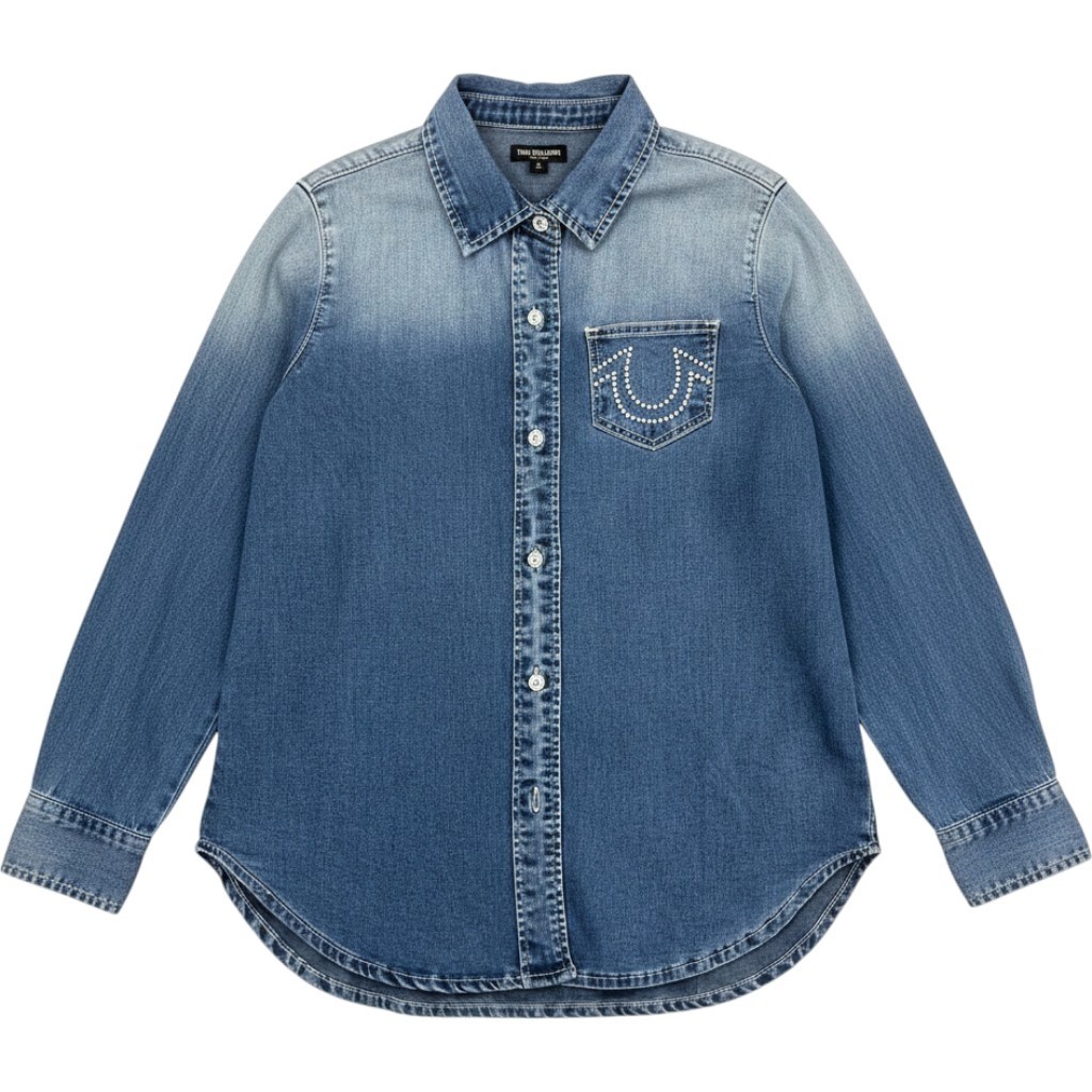 True Religion Button Front Denim Shirt XL Rhinestone Pocket Y2K Top