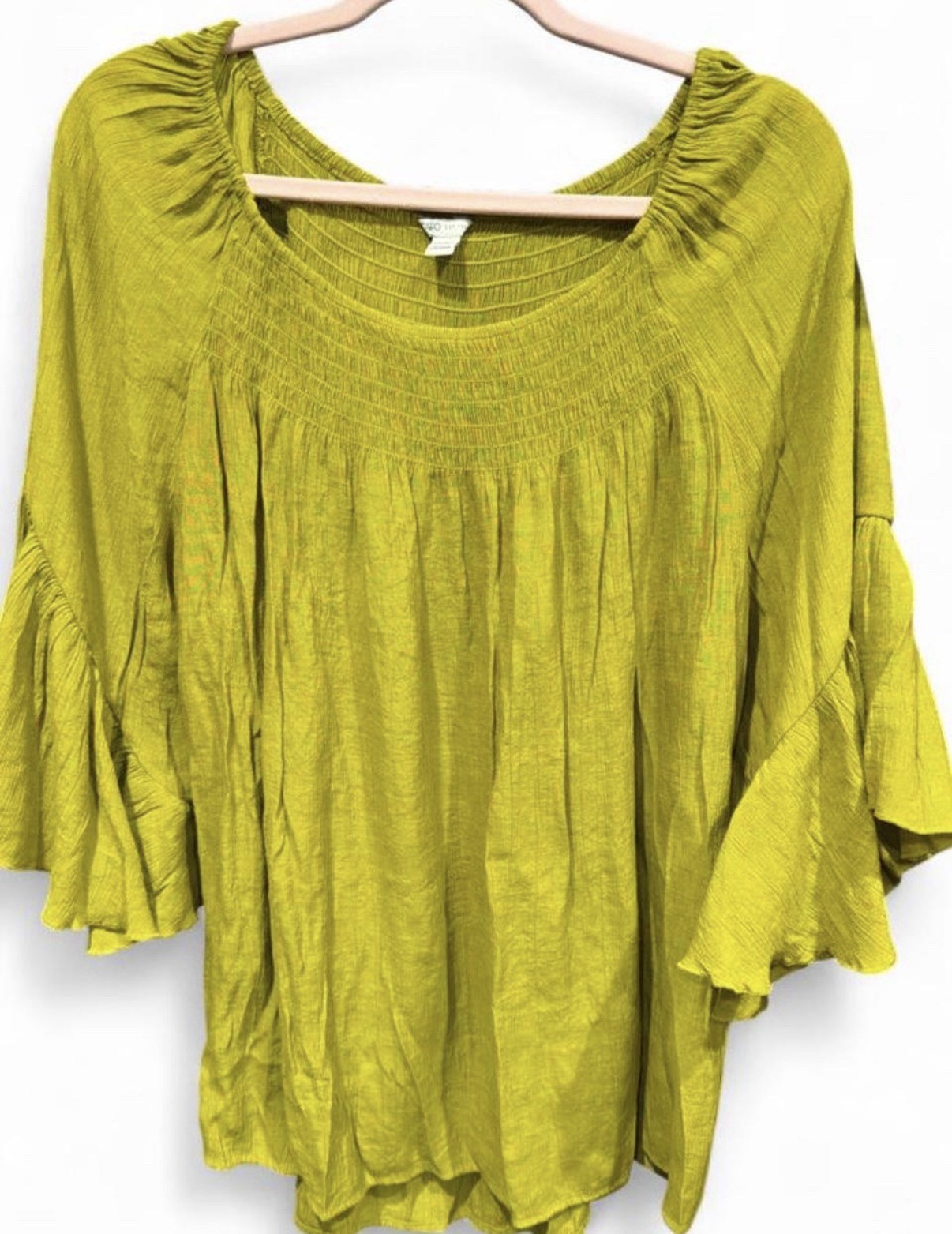 Cato Women’s Green Solid Scoop Neck Smocked Ruffle Flutter Blouse 18/20W