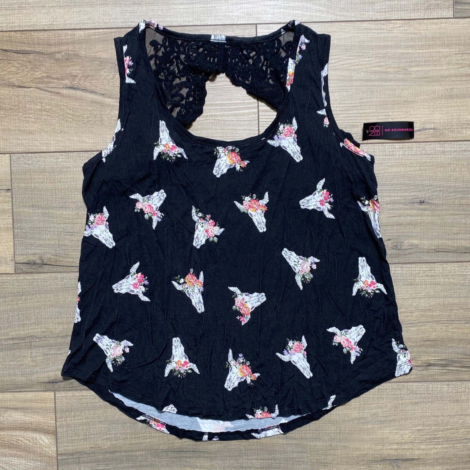 No Boundaries Juniors Floral Bull Skull Print Scoop Neck Tank Top Large 11-13