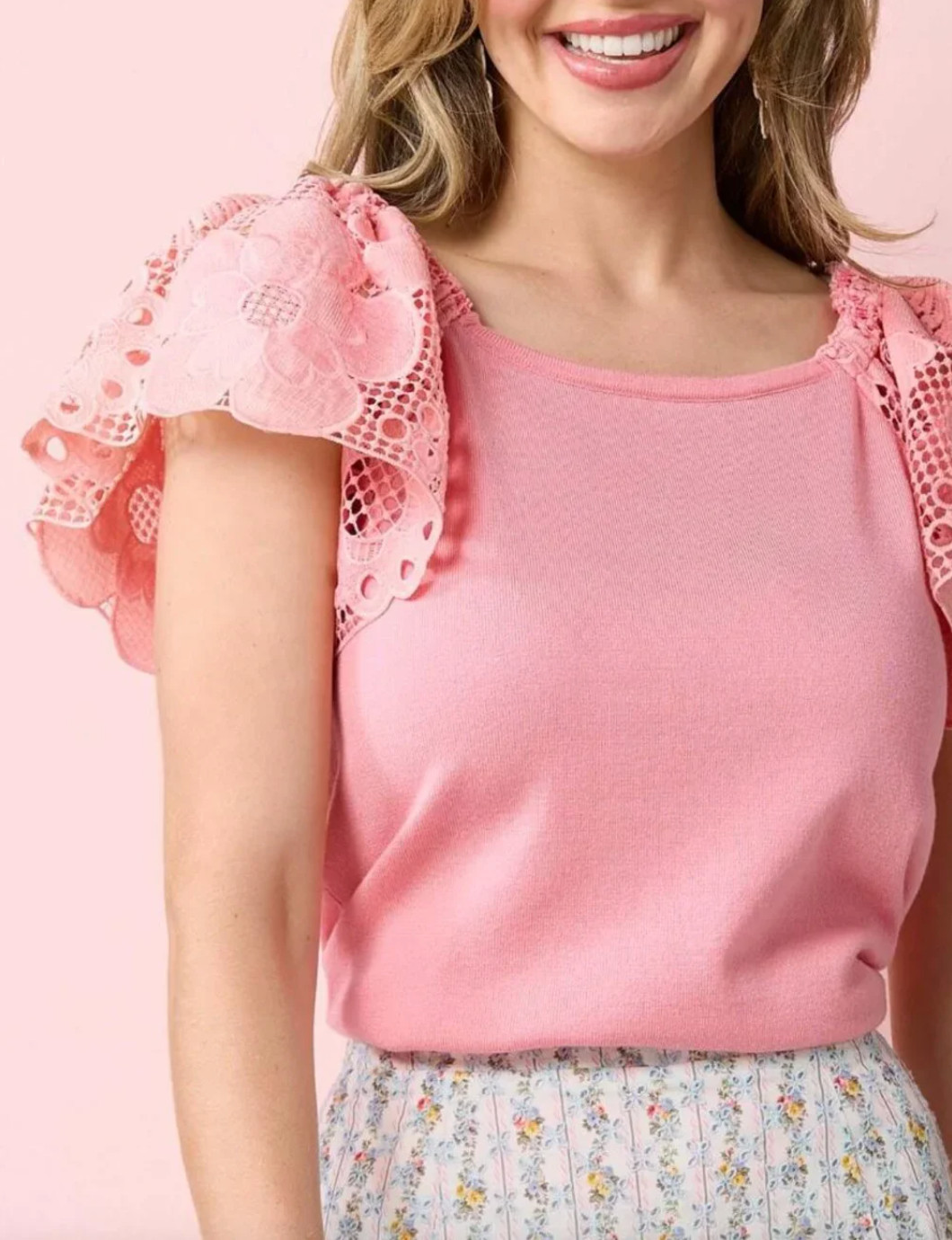 Cato Top Blouse XS Pink Crochet Puff Sleeve Cottagecore Girly Feminine Knit Boho