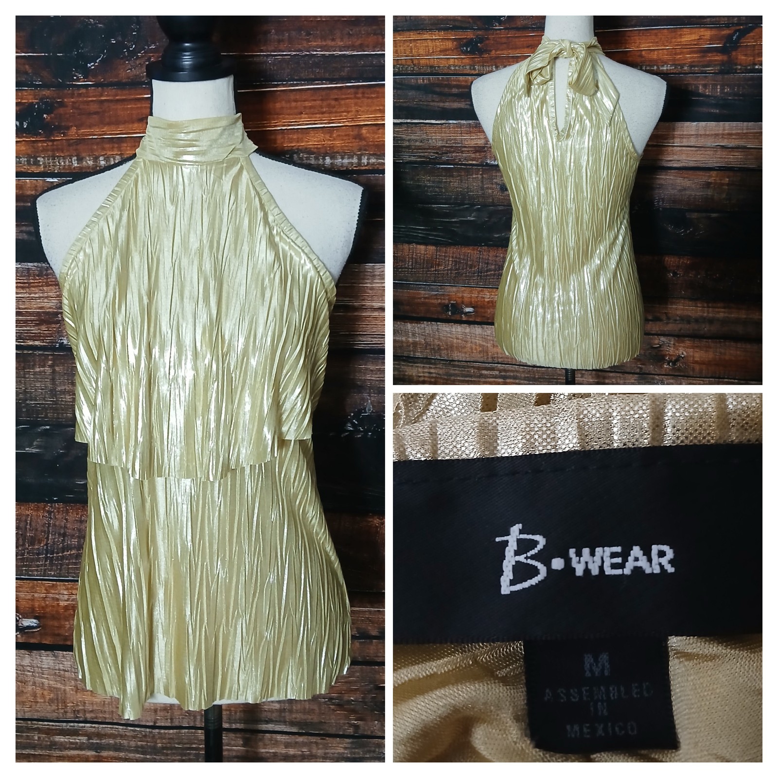 B Wear Vintage Top Size M Layered High Neck Tie Back Textured Metallic Gold
