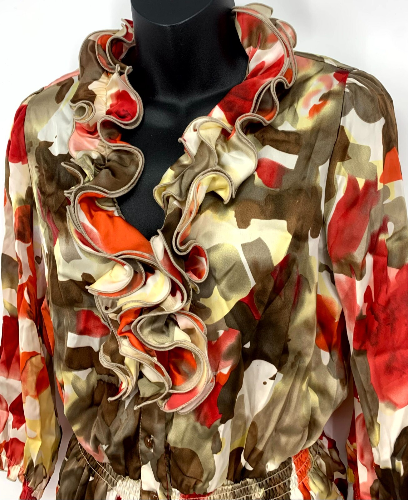 AGB Blouse Multicolor Ruffle Button Front Stretch Waist Womens Small