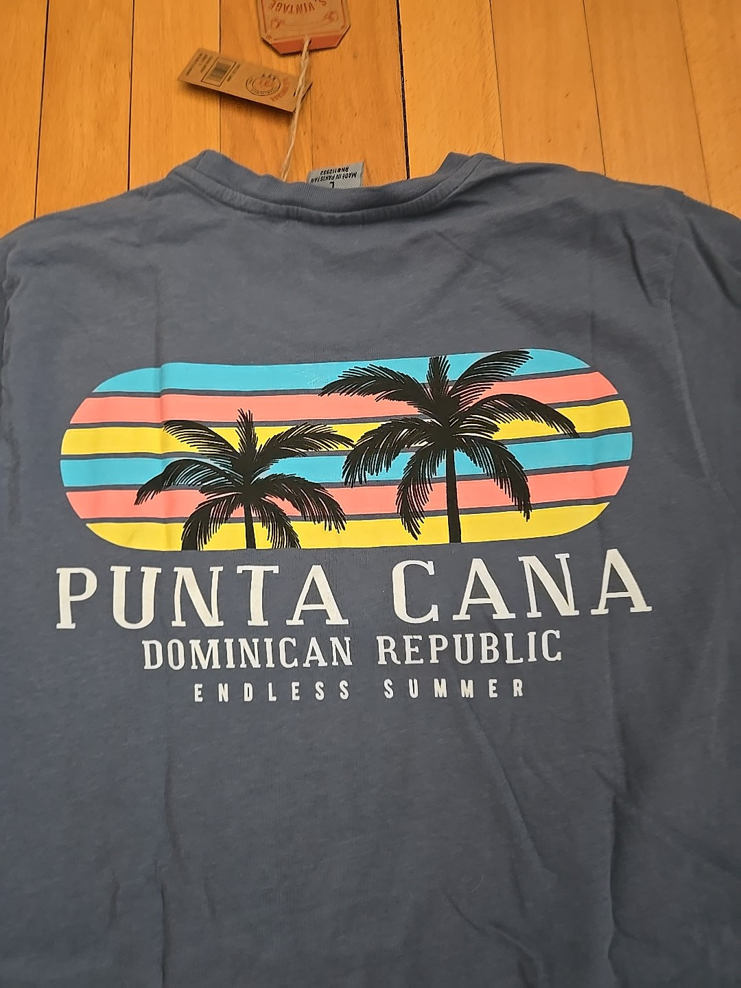 NWT Women Puna Canna Dominican Republic Blue T Shirt L Cotton Palm Trees $29