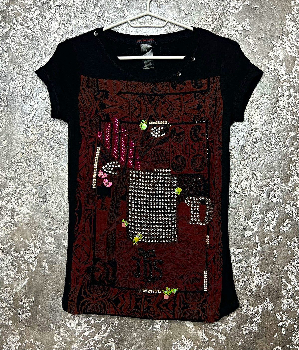 Custo Barcelona Women’s Black Brown Graphic Print Rhinestone Tee Round Neck Sz 1