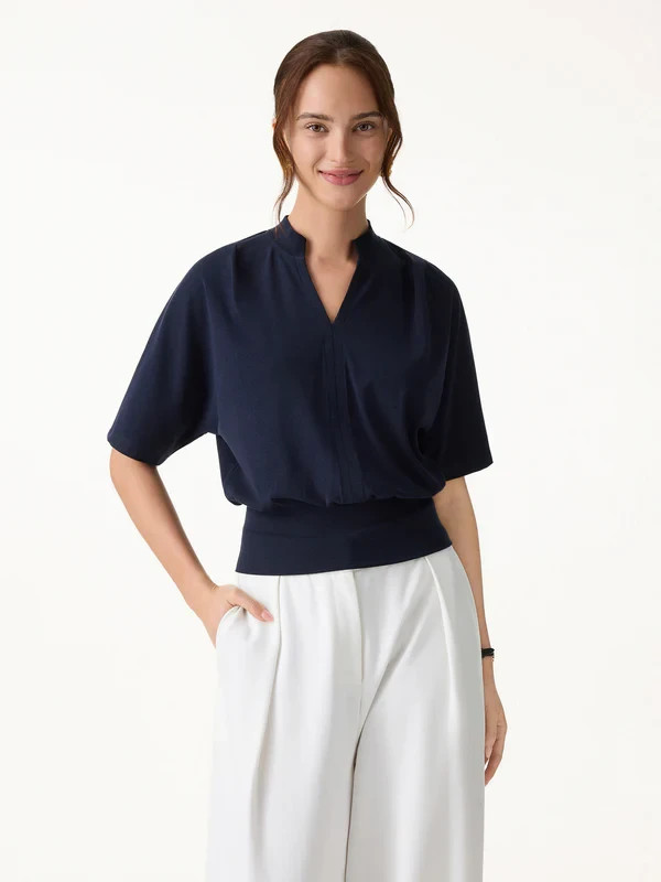 Women’s Stand Collar V Neck Short Sleeve Knit Blouse Casual Top, Navy